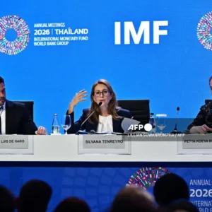 IMF officials attend the World Economic Outlook press briefing during the IMF and World Bank annual meetings in Bangkok, Thailand, on 13 October 2026.