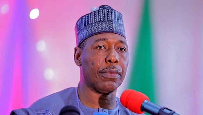 Borno State Governor Babagana Zulum speaking during a media engagement in Maiduguri.
