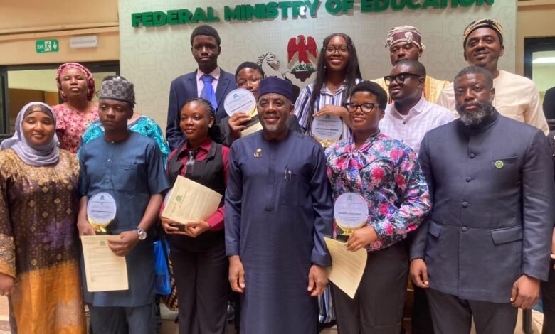 Education Minister Tunji Alausa receives the top-performing candidates in the 2026 UTME, including underage candidates who passed the Federal Government's screening.
