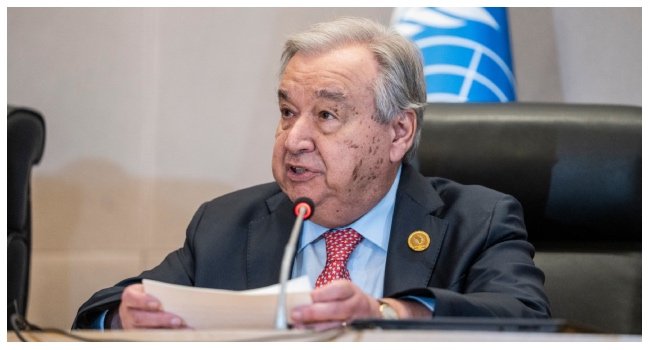 UN Secretary-General António Guterres speaks at the African Union headquarters in Addis Ababa during the 38th African Union Summit on 15 February 2025.