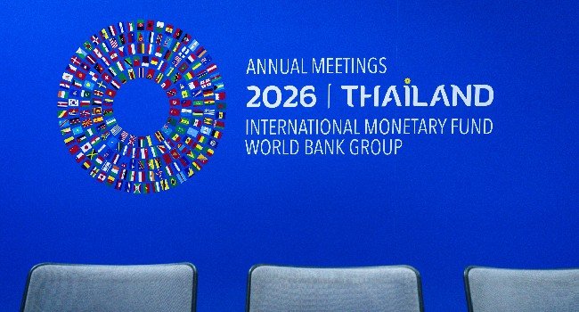 IMF and World Bank Annual Meetings 2026 conference logo displayed at the Queen Sirikit National Convention Center in Bangkok, Thailand.