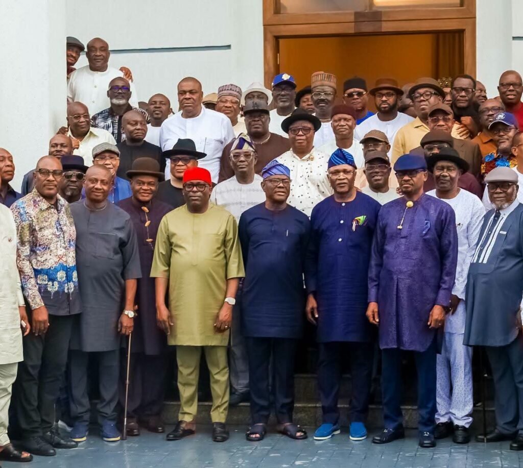 Nyesom Wike, Siminalayi Fubara, Rivers lawmakers and supporters after a reconciliation meeting at the governor's residence in Port Harcourt.