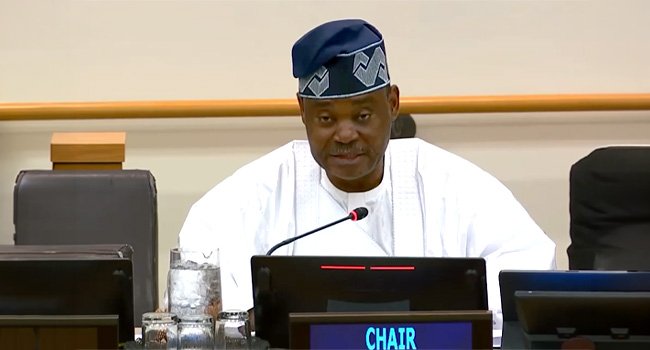 Jimoh Ibrahim presiding over the first plenary meeting of the UN Fifth Committee in New York