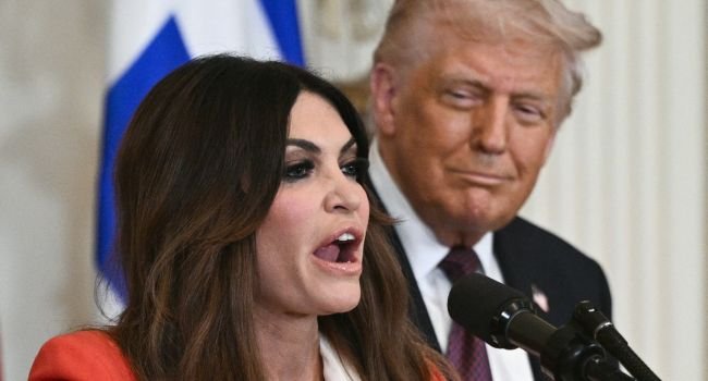 Kimberly Guilfoyle, US ambassador to Greece, stands alongside President Donald Trump during a Greek Independence Day celebration at the White House in Washington, DC, on 24 March 2025.