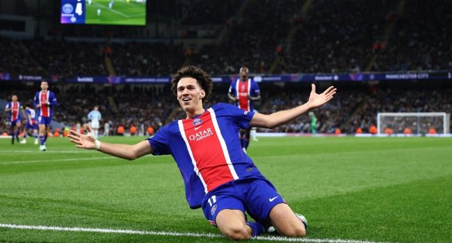 PSG players celebrate during their 4-2 Champions League victory over Manchester City at the Etihad Stadium on October 14, 2026.
