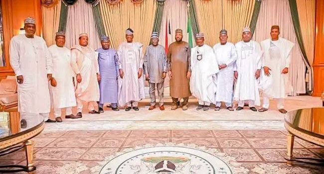 Eight suspended Zamfara State House of Assembly members during a meeting with President Bola Tinubu at the Presidential Villa in Abuja.