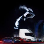 Elon Musk's Tesla Roadster concept equipped with thrusters, unveiled during a livestreamed demonstration at a SpaceX facility in Texas.
