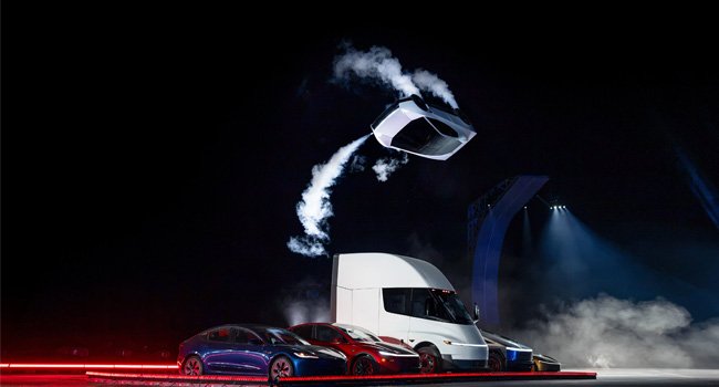 Elon Musk's Tesla Roadster concept equipped with thrusters, unveiled during a livestreamed demonstration at a SpaceX facility in Texas.
