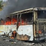 Burnt-out passenger bus after a Russian strike in Kramatorsk, eastern Ukraine, on October 8, 2026.