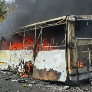 Burnt-out passenger bus after a Russian strike in Kramatorsk, eastern Ukraine, on October 8, 2026.