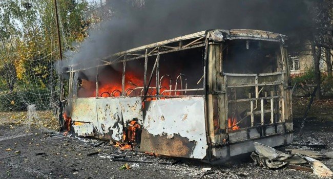 Burnt-out passenger bus after a Russian strike in Kramatorsk, eastern Ukraine, on October 8, 2026.