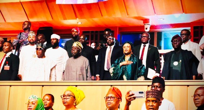 President Bola Tinubu and dignitaries at the MKO documentary premiere in Lagos.