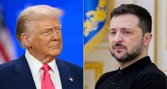 Ukrainian President Volodymyr Zelensky and US President Donald Trump pictured together in a composite photograph amid tensions over Ukraine elections and a proposed ceasefire.