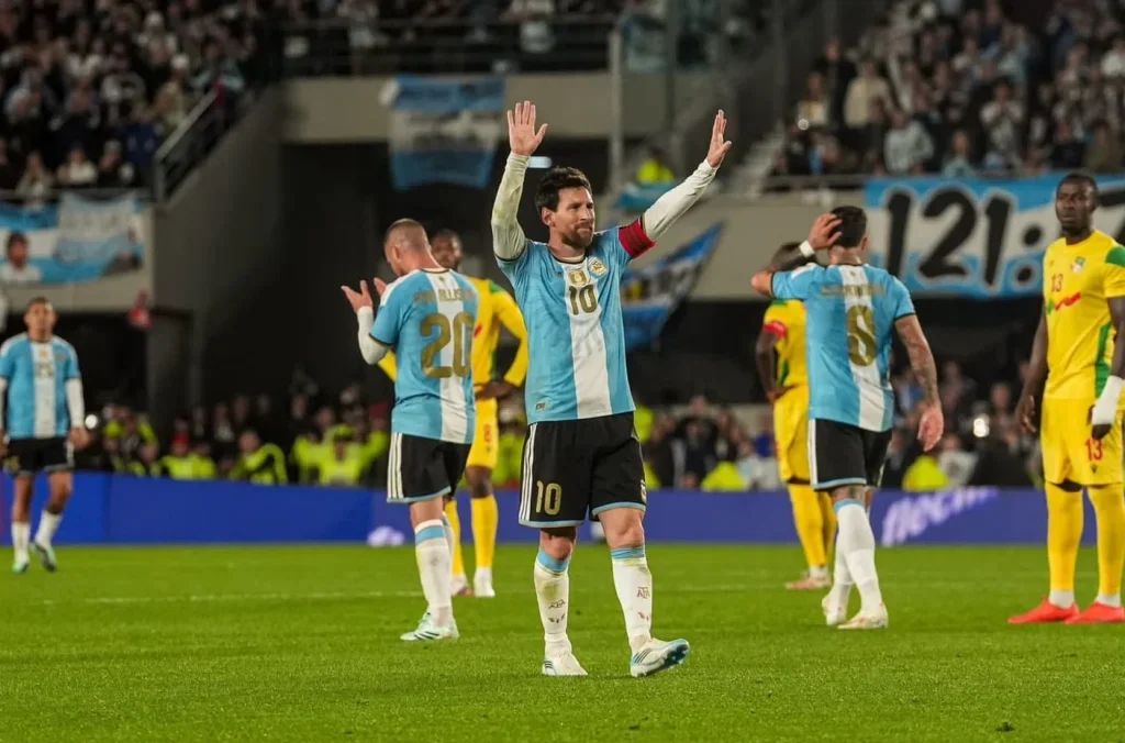 Lionel Messi celebrates after scoring during Argentina’s 3-0 win over Benin in his final international appearance.