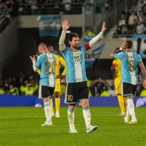 Lionel Messi celebrates after scoring during Argentina’s 3-0 win over Benin in his final international appearance.