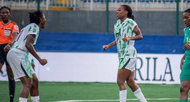 Nigeria's Super Falcons players celebrate during their 5-0 victory over Comoros in the 2028 Olympic women's football qualifiers at Ikenne, Ogun State.