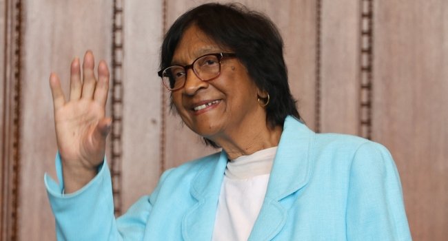 South African jurist Navi Pillay poses with former International Criminal Court president Silvia Fernandez de Gurmendi and International Nuremberg Principles Academy director Christoph Safferling after receiving the 2026 Nobel Peace Prize announcement in Nuremberg, Germany.