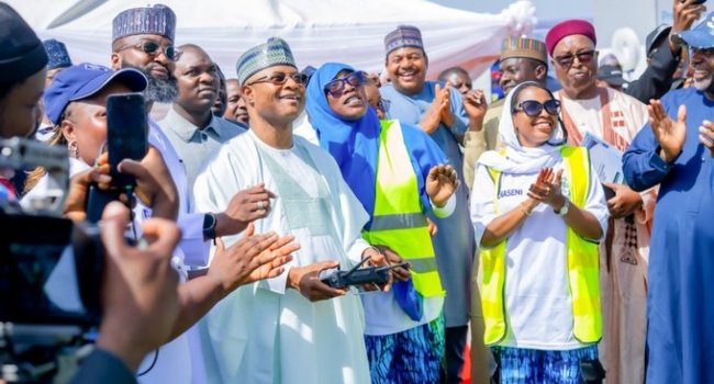 Kaduna State Governor Uba Sani operates a drone during the commissioning of the NASENI UAV Training Centre in Kaduna.