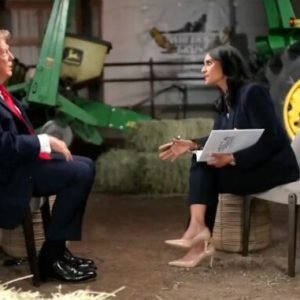 US President Donald Trump speaking during a television interview before walking out after being challenged over election fraud claims by NBC journalist Kristen Welker.