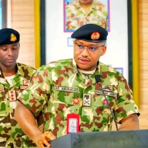 Major General Abubakar Abdulsalam, outgoing Theatre Commander of Operation Hadin Kai, addressing journalists in Maiduguri