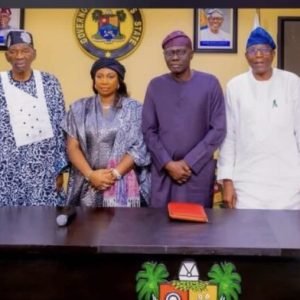 Damilola Sonayon-James pictured at a political event, smiling while standing with APC officials during her unveiling as Lagos deputy governorship candidate for the 2027 election.