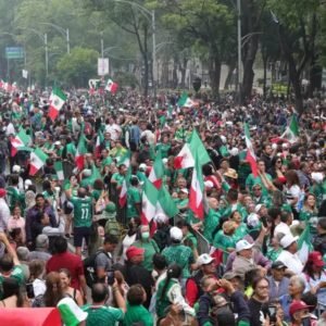 Protesters and police near Azteca Stadium in Mexico City during demonstrations blocking roads ahead of the FIFA World Cup 2026 opening match.