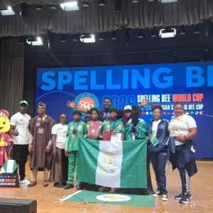Team Nigeria celebrates after winning the Gold Award in the Middle School Group category at the 2026 Spelling Bee World Cup in Shanghai, China.