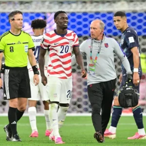 Folarin Balogun celebrates after scoring during the United States' 4-1 victory over Paraguay in the 2026 FIFA World Cup opener at SoFi Stadium in Los Angeles.
