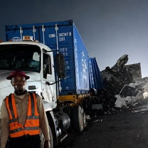 FRSC officials and emergency responders at the scene of a fatal multiple-vehicle crash on the Lagos-Ibadan Expressway.