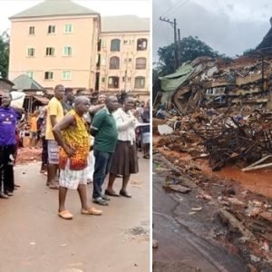 Officials inspect the sealed site of the collapsed Elite Five Star Lodge in Amaokpala near Oko, Anambra State, as investigations into the structural failure continue.