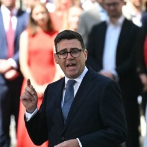 UK Prime Minister Andy Burnham delivers his first speech outside 10 Downing Street after taking office following Keir Starmer's departure.
