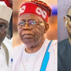 A photo collage of Bola Tinubu, Peter Obi and Atiku Abubakar alongside INEC's announcement on the publication of candidates' credentials for the 2027 General Election.