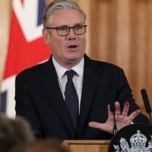 British Prime Minister Keir Starmer speaking at Downing Street during a press conference announcing plans to ban social media use for children under 16 in the United Kingdom.