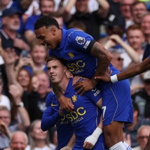 Cole Palmer celebrates after scoring Chelsea’s fourth goal against Brighton at Stamford Bridge on August 30, 2026.