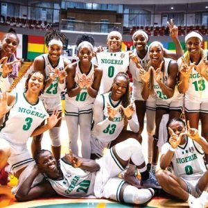 D’Tigress players celebrate Nigeria’s fifth consecutive FIBA Women’s Afrobasket title.