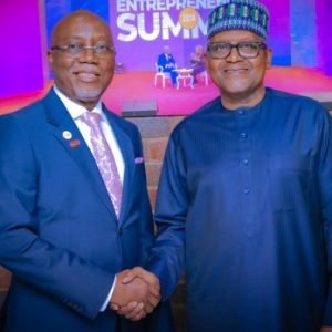Aliko Dangote and Ondo State governor discussing proposed industrial and free trade zone project during official meeting in Akure.