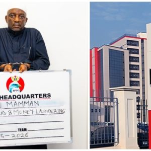 Photo combination of former Power Minister Saleh Mamman and the EFCC official emblem following his arrest in Kano over ₦33.8 billion fraud allegations