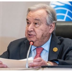 UN Secretary-General António Guterres speaks at the African Union headquarters in Addis Ababa during the 38th African Union Summit on 15 February 2025.