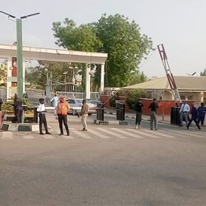Security personnel at the entrance of the Federal Capital Territory Administration headquarters in Abuja as FCTA begins promotion exercise for civil servants.