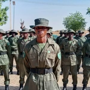 Forest guards in formation during training exercise for deployment across Nigerian forest reserves.