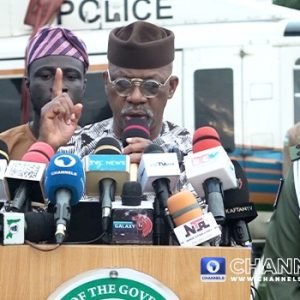Governor Dapo Abiodun addresses journalists alongside rescued Gateway ICT Polytechnic students after their release from kidnappers in Abeokuta, Ogun State.