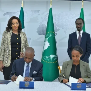 Nigerian and Ethiopian officials signing bilateral prisoner transfer agreement in Addis Ababa.