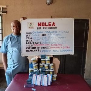 NDLEA operatives display seized illicit drugs after arresting two elderly suspects accused of supplying narcotics to secondary school students in Abia State.