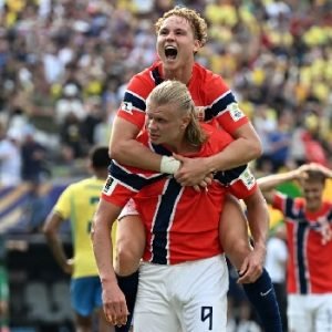 Erling Haaland celebrates after scoring against Brazil as Norway secure a historic 2-1 victory to reach the 2026 FIFA World Cup quarter-finals.