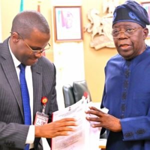 ICPC Chairman Musa Aliyu presents the interim PFIPC investigation report to President Bola Tinubu at the Presidential Villa in Abuja.