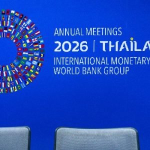 IMF and World Bank Annual Meetings 2026 conference logo displayed at the Queen Sirikit National Convention Center in Bangkok, Thailand.