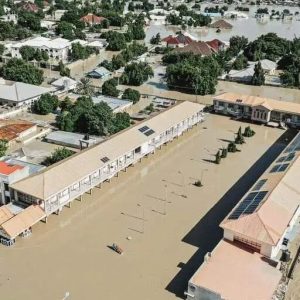 Flooded street in Nigeria after heavy rainfall as NiMet issues flash flood warning across 19 states.