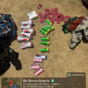 Troops display torchlights and batteries allegedly recovered from a pregnant woman arrested during a security checkpoint operation in Borno State.