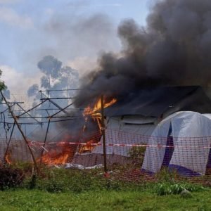 Burnt Ebola isolation tents at a hospital in eastern DR Congo after clashes between residents and health authorities.