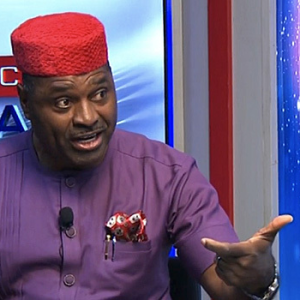 Kenneth Okonkwo speaking during a political interview, discussing dispute with Peter Obi over alleged defamation claims and legal threats.